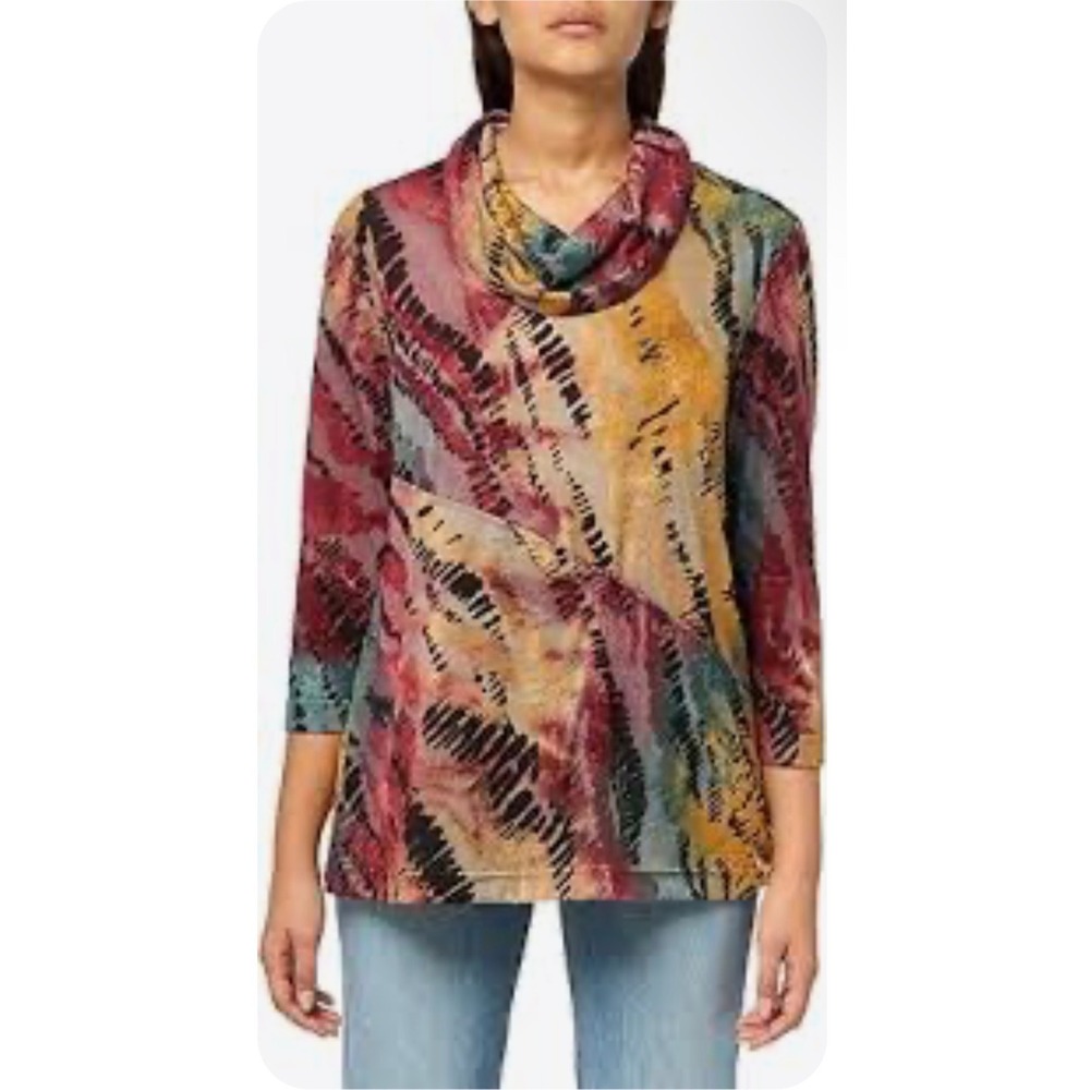 Ali Miles Womens Medium Abstract Burnout Cowl Neck Tunic Top Multi Color Pocket